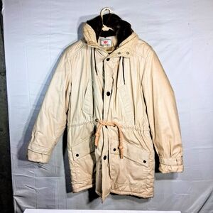 Amazing Vintage Size 42 Vintage Field and Stream Hooded Beige 1/2 Zip Parka Coat